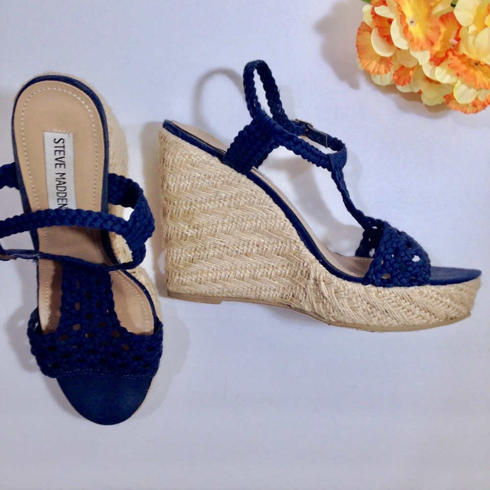 Steve Madden Navy Crochet Espadrille Wedge Sandals with Braided Jute Heel